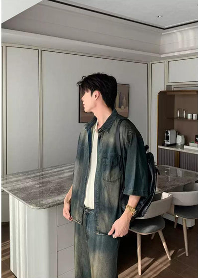 Hua Faded & Washed Denim Shirt & Shorts Set-korean-fashion-Clothing Set-Hua's Closet-OH Garments