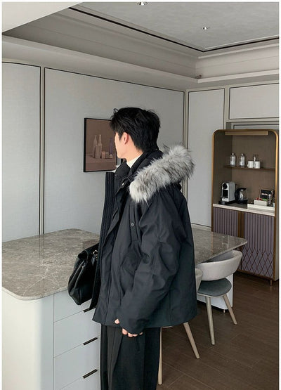 Hua Faux Fur Collar Windbreaker Down Jacket-korean-fashion-Jacket-Hua's Closet-OH Garments