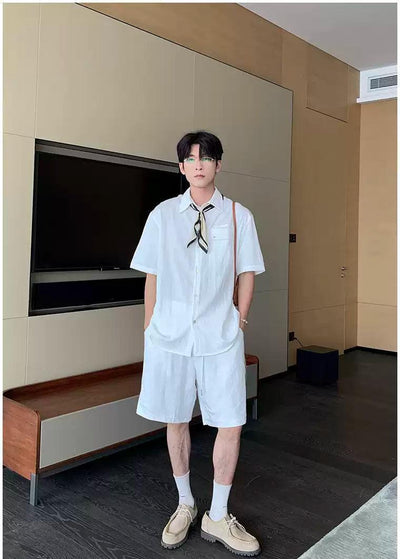 Hua Front Pocket Buttoned Shirt & Drawcord Shorts Set-korean-fashion-Clothing Set-Hua's Closet-OH Garments