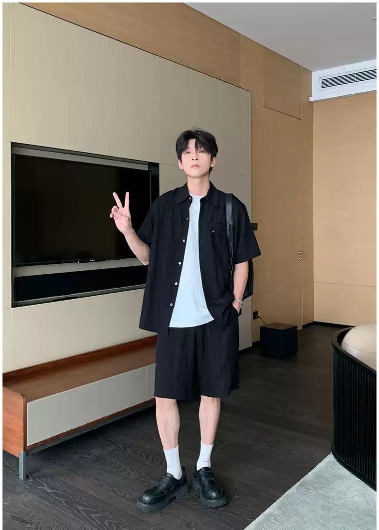 Hua Front Pocket Buttoned Shirt & Drawcord Shorts Set-korean-fashion-Clothing Set-Hua's Closet-OH Garments