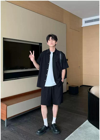 Hua Front Pocket Buttoned Shirt & Drawcord Shorts Set-korean-fashion-Clothing Set-Hua's Closet-OH Garments