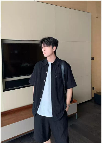 Hua Front Pocket Buttoned Shirt & Drawcord Shorts Set-korean-fashion-Clothing Set-Hua's Closet-OH Garments
