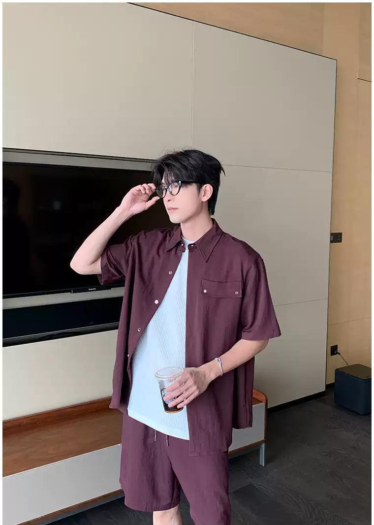 Hua Front Pocket Buttoned Shirt & Drawcord Shorts Set-korean-fashion-Clothing Set-Hua's Closet-OH Garments