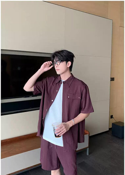 Hua Front Pocket Buttoned Shirt & Drawcord Shorts Set-korean-fashion-Clothing Set-Hua's Closet-OH Garments