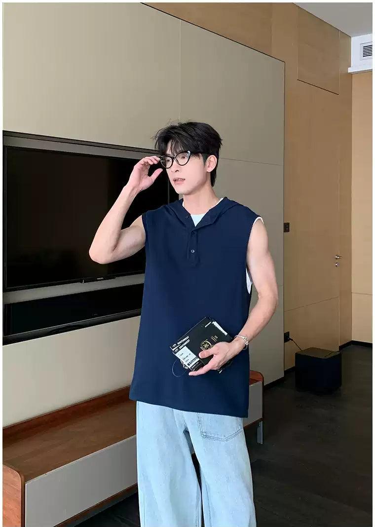 Hua Half-Buttoned Knit Hooded Tank Top-korean-fashion-Tank Top-Hua's Closet-OH Garments