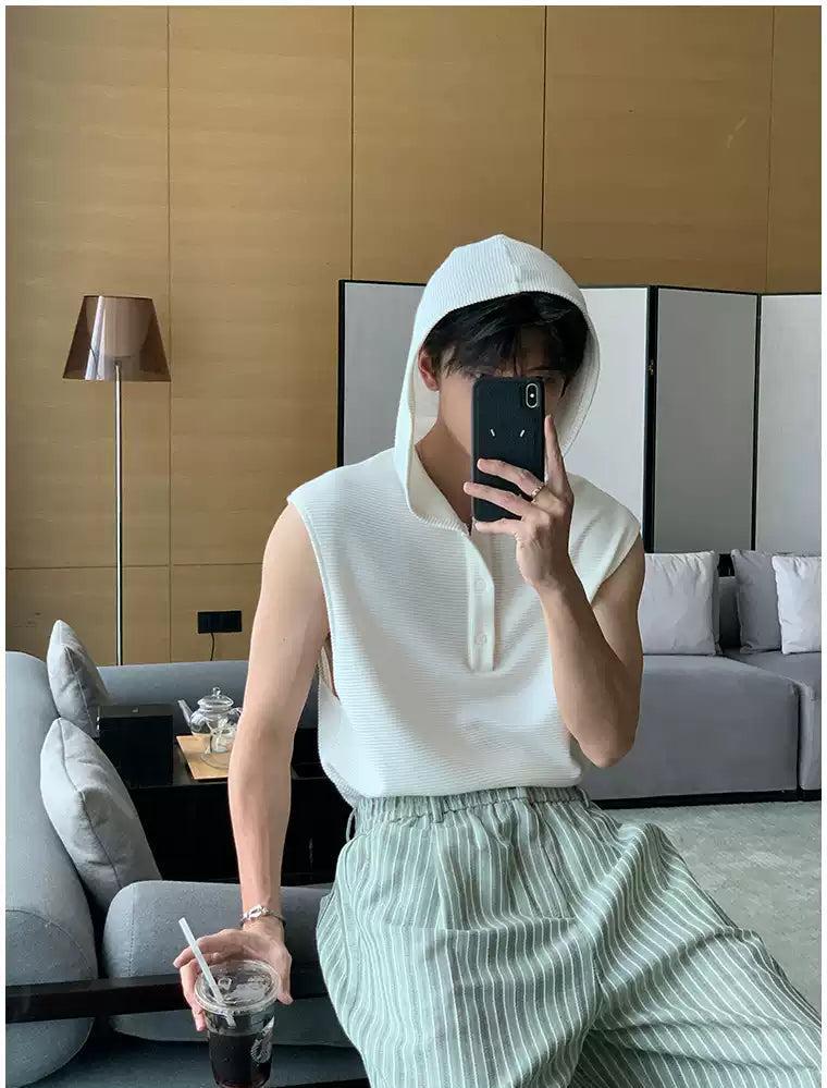 Hua Half-Buttoned Knit Hooded Tank Top-korean-fashion-Tank Top-Hua's Closet-OH Garments