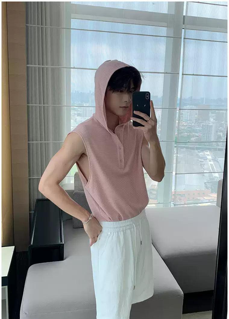 Hua Half-Buttoned Knit Hooded Tank Top-korean-fashion-Tank Top-Hua's Closet-OH Garments