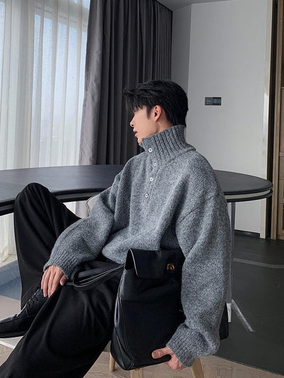 Hua Half-Buttons Ribbed Hem Turtleneck-korean-fashion-Turtleneck-Hua's Closet-OH Garments