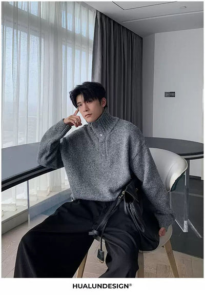 Hua Half-Buttons Ribbed Hem Turtleneck-korean-fashion-Turtleneck-Hua's Closet-OH Garments