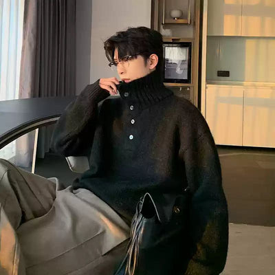 Hua Half-Buttons Ribbed Hem Turtleneck-korean-fashion-Turtleneck-Hua's Closet-OH Garments