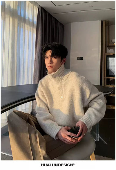 Hua Half-Buttons Ribbed Hem Turtleneck-korean-fashion-Turtleneck-Hua's Closet-OH Garments