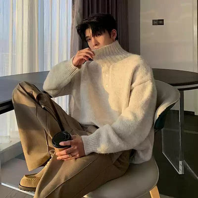 Hua Half-Buttons Ribbed Hem Turtleneck-korean-fashion-Turtleneck-Hua's Closet-OH Garments