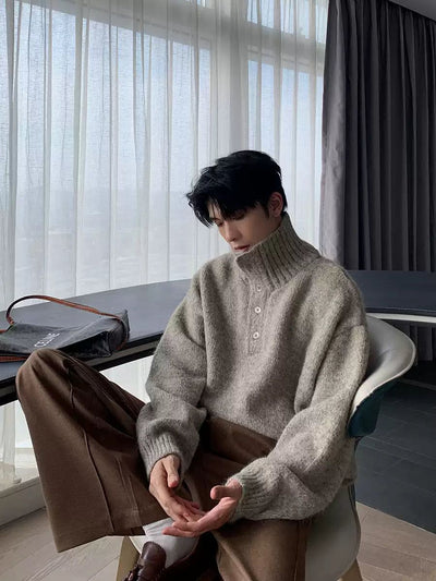 Hua Half-Buttons Ribbed Hem Turtleneck-korean-fashion-Turtleneck-Hua's Closet-OH Garments