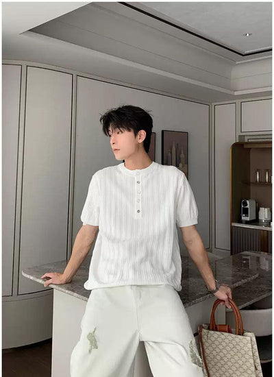 Hua Half-Buttons Textured Knit T-Shirt-korean-fashion-T-Shirt-Hua's Closet-OH Garments