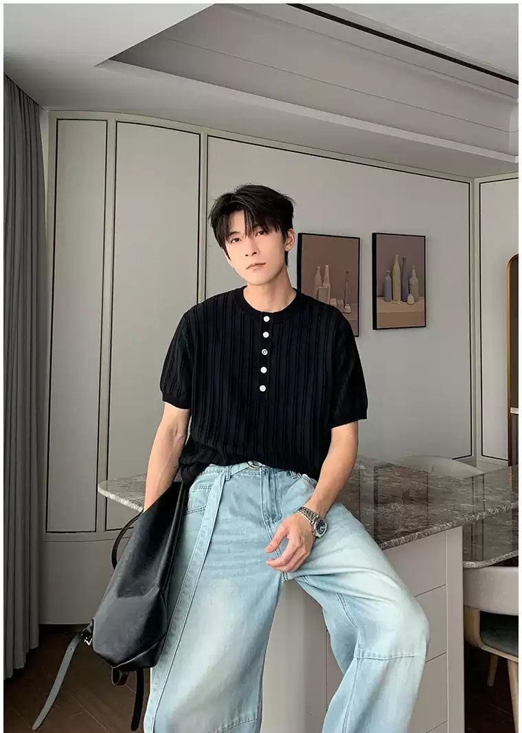 Hua Half-Buttons Textured Knit T-Shirt-korean-fashion-T-Shirt-Hua's Closet-OH Garments
