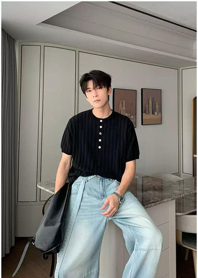 Hua Half-Buttons Textured Knit T-Shirt-korean-fashion-T-Shirt-Hua's Closet-OH Garments