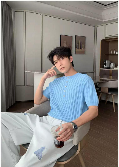Hua Half-Buttons Textured Knit T-Shirt-korean-fashion-T-Shirt-Hua's Closet-OH Garments