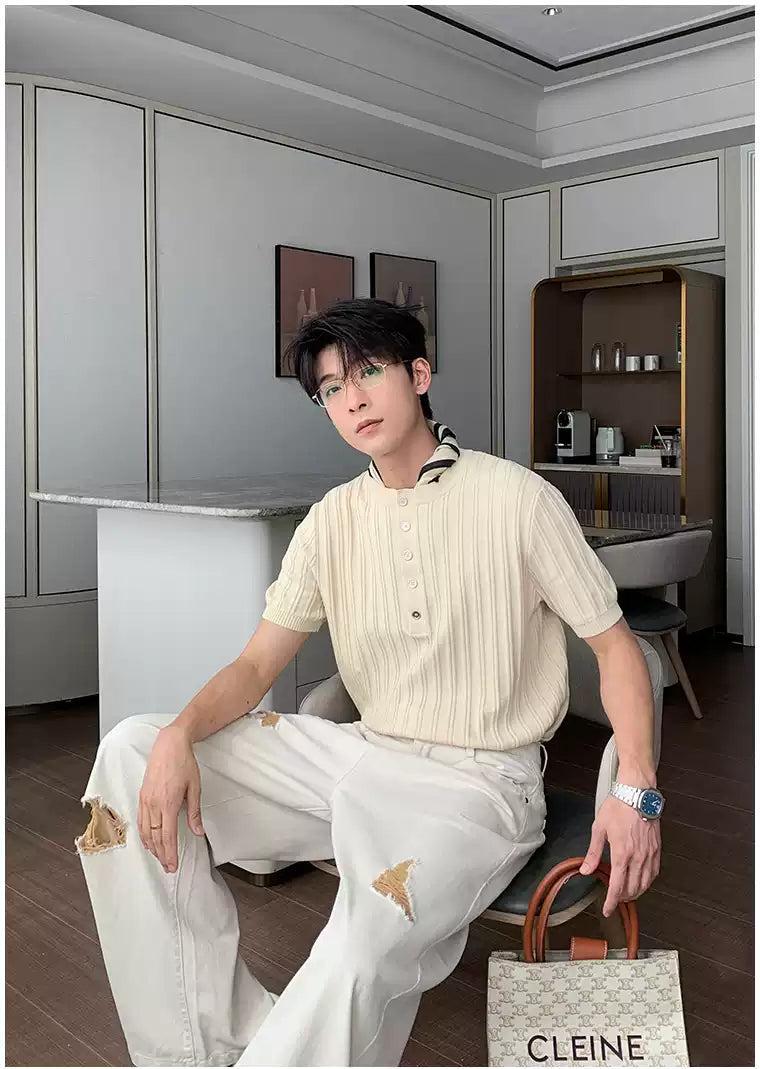 Hua Half-Buttons Textured Knit T-Shirt-korean-fashion-T-Shirt-Hua's Closet-OH Garments