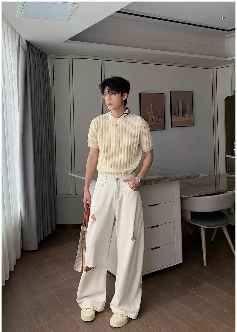 Hua Half-Buttons Textured Knit T-Shirt-korean-fashion-T-Shirt-Hua's Closet-OH Garments