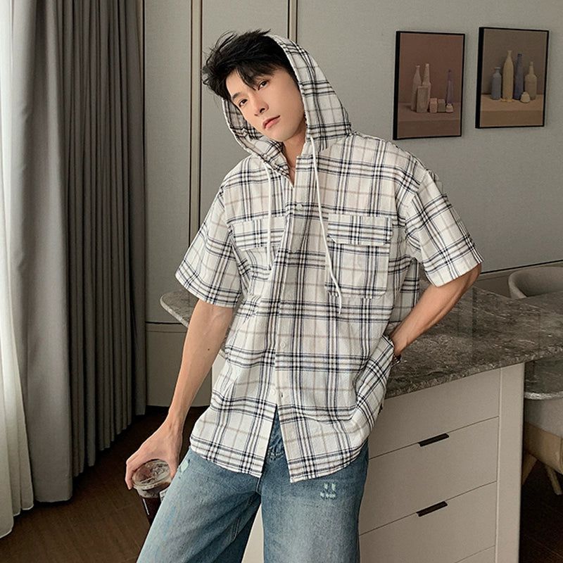 Hua Hooded Plaid Casual Shirt-korean-fashion-Shirt-Hua's Closet-OH Garments