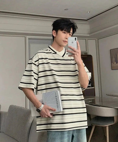 Hua Irregular Collar and Striped T-Shirt-korean-fashion-T-Shirt-Hua's Closet-OH Garments