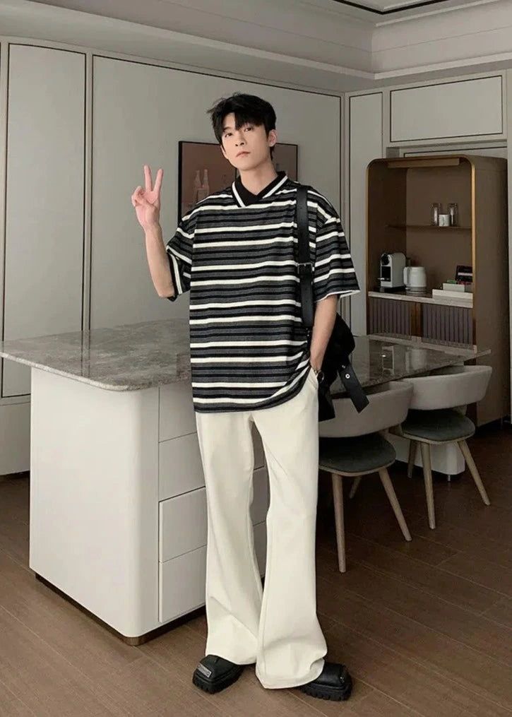 Hua Irregular Collar and Striped T-Shirt-korean-fashion-T-Shirt-Hua's Closet-OH Garments