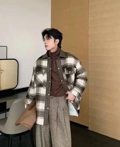 Hua Leather Splice Plaid Wool Jacket-korean-fashion-Jacket-Hua's Closet-OH Garments