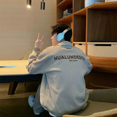 Hua Logo Detail Long Sleeves Polo & Drawstring Sweatpants Set-korean-fashion-Clothing Set-Hua's Closet-OH Garments