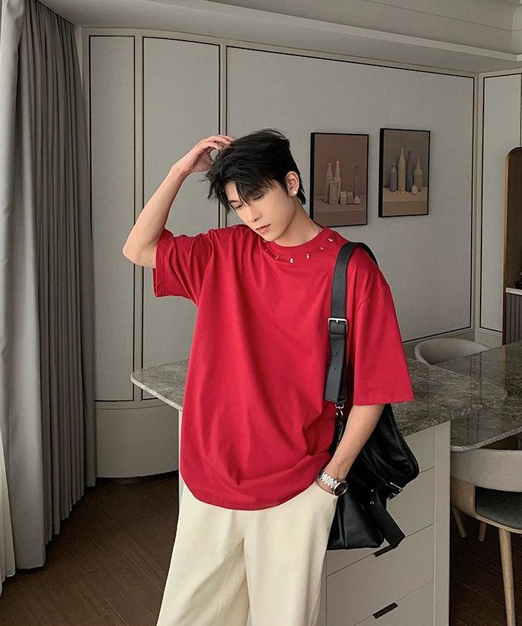 Hua Metal Detailing Neck T-Shirt-korean-fashion-T-Shirt-Hua's Closet-OH Garments