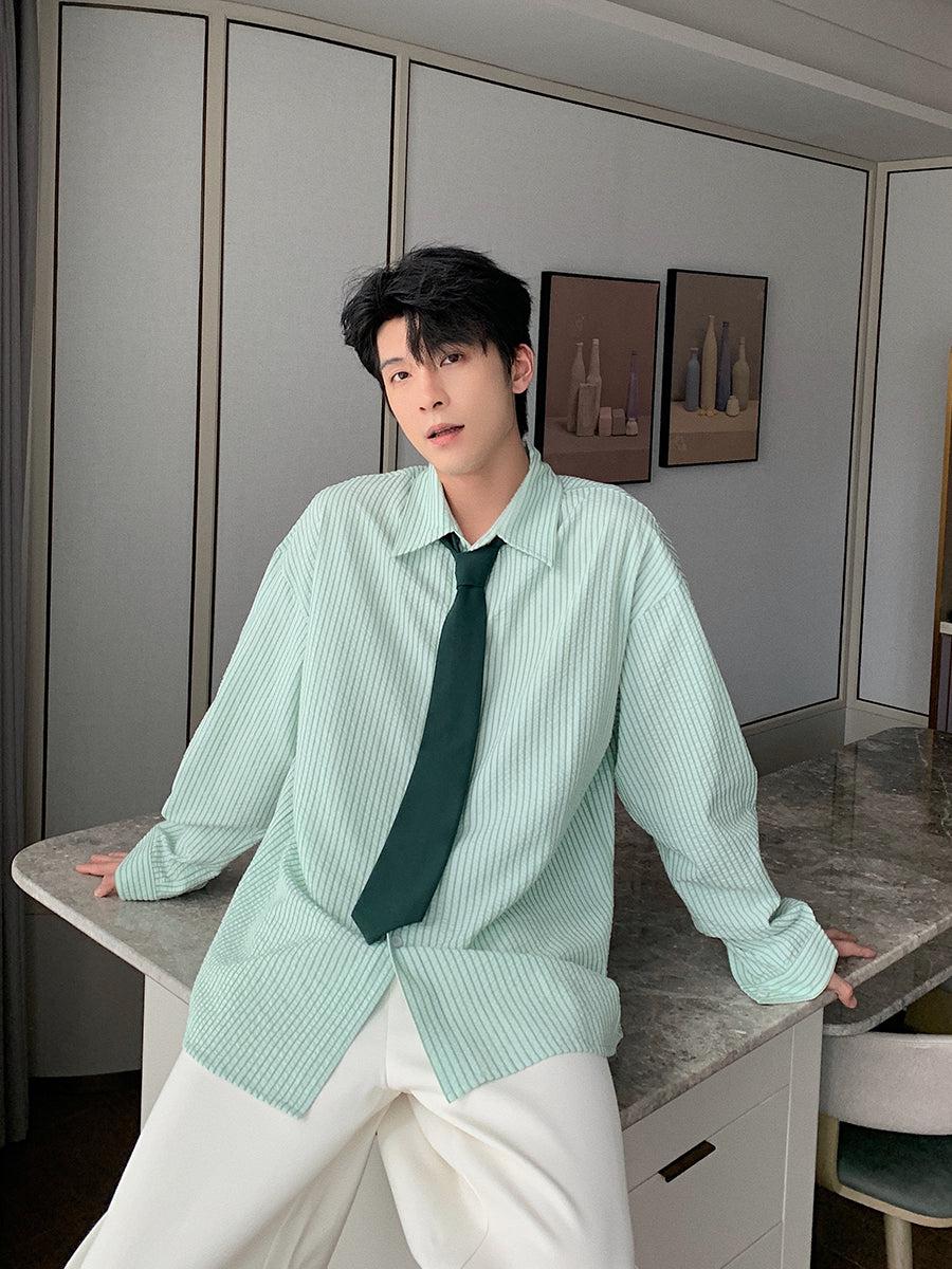 シャツ HUECLOSET Oasis Stripe Satin Shirt SE128 Hua Neck-Tie Striped Shirt