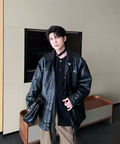 Hua Oversized Fit Buttoned Leather Jacket-korean-fashion-Jacket-Hua's Closet-OH Garments