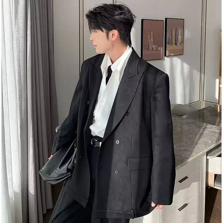 Hua Peak Lapel Double Breast Blazer & Trousers Set-korean-fashion-Clothing Set-Hua's Closet-OH Garments