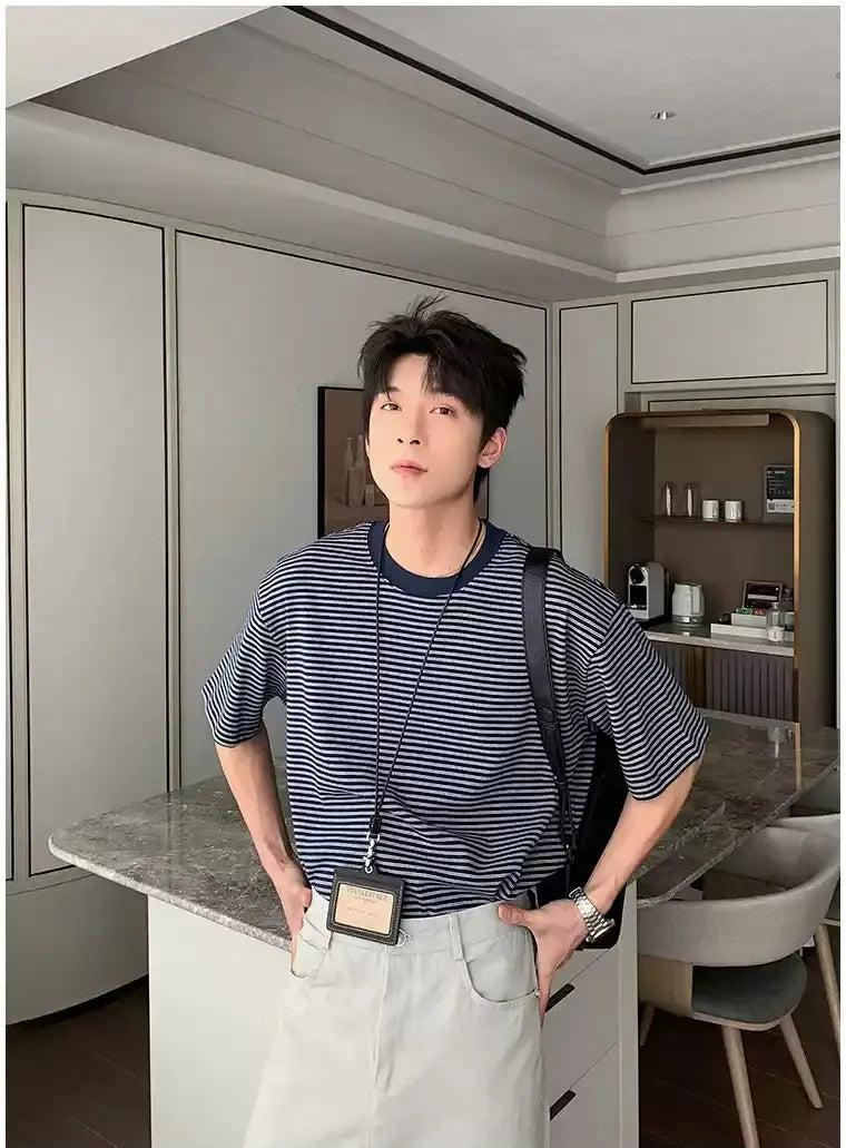 Hua Pinstriped Clean Fit T-Shirt-korean-fashion-T-Shirt-Hua's Closet-OH Garments