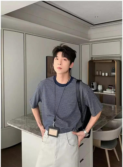 Hua Pinstriped Clean Fit T-Shirt-korean-fashion-T-Shirt-Hua's Closet-OH Garments