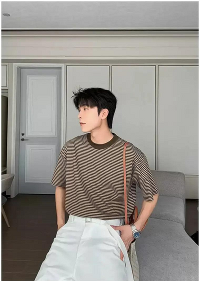 Hua Pinstriped Clean Fit T-Shirt-korean-fashion-T-Shirt-Hua's Closet-OH Garments