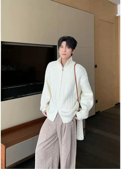 Hua Rib Knit High Neck Zipped Sweater-korean-fashion-Jacket-Hua's Closet-OH Garments