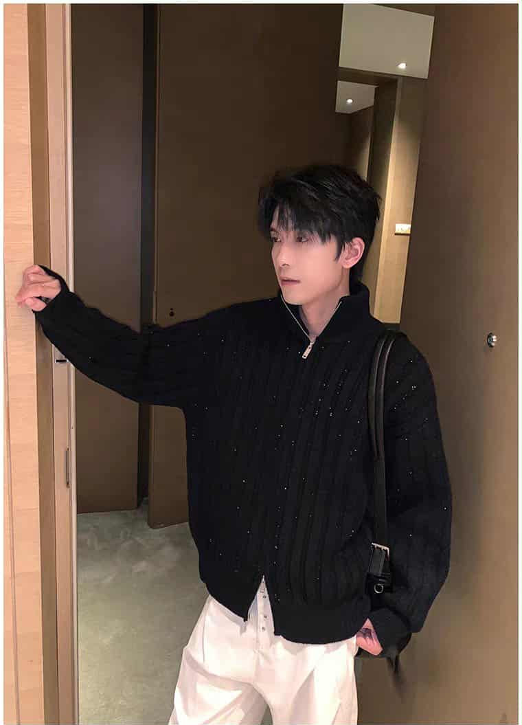 Hua Rib Knit High Neck Zipped Sweater-korean-fashion-Jacket-Hua's Closet-OH Garments