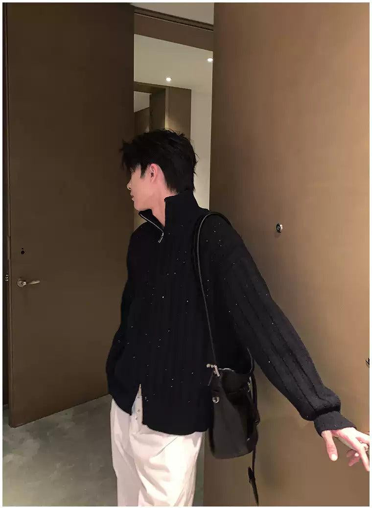 Hua Rib Knit High Neck Zipped Sweater-korean-fashion-Jacket-Hua's Closet-OH Garments