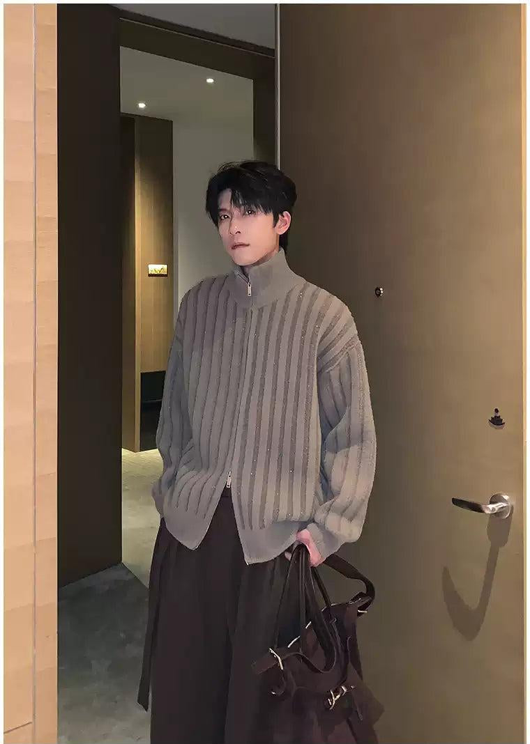 Hua Rib Knit High Neck Zipped Sweater-korean-fashion-Jacket-Hua's Closet-OH Garments