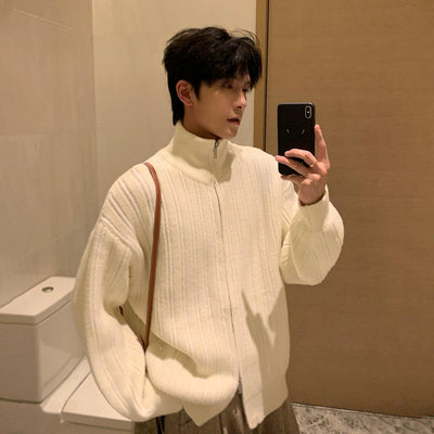 Hua Rib Knit Stand Collar Zipped Sweater-korean-fashion-Jacket-Hua's Closet-OH Garments