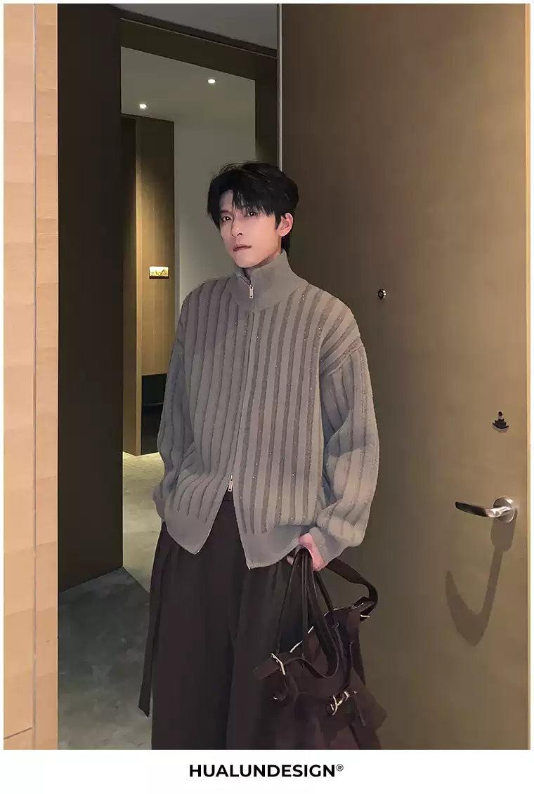 Hua Rib Knit Stand Collar Zipped Sweater-korean-fashion-Jacket-Hua's Closet-OH Garments