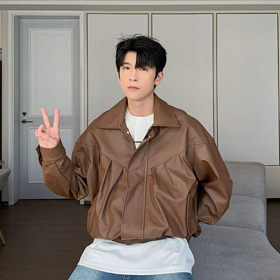 Hua Ruched Hem PU Leather Jacket-korean-fashion-Jacket-Hua's Closet-OH Garments