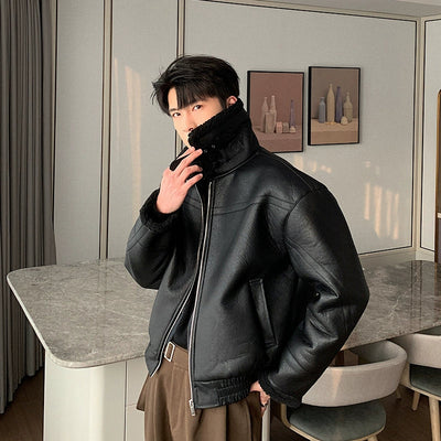 Hua Sherpa Hem Leather Jacket-korean-fashion-Jacket-Hua's Closet-OH Garments