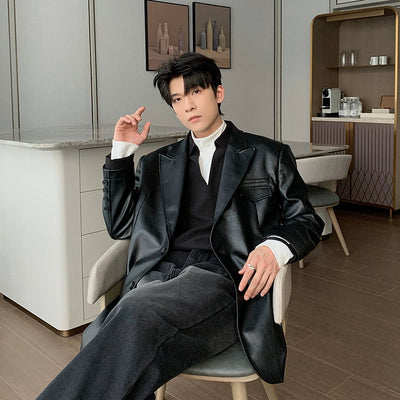 Hua Sleek 3D Lapel Leather Blazer-korean-fashion-Blazer-Hua's Closet-OH Garments