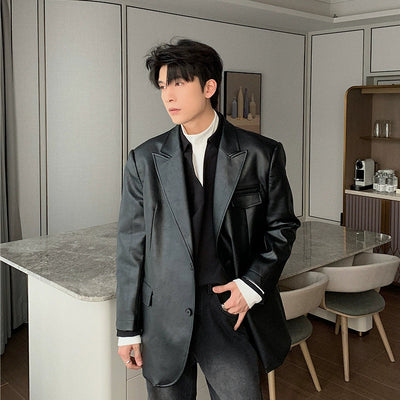 Hua Sleek 3D Lapel Leather Blazer-korean-fashion-Blazer-Hua's Closet-OH Garments