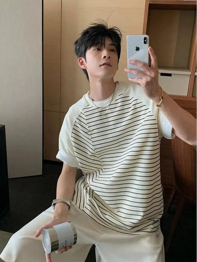 Hua Spliced Shoulder Striped T-Shirt-korean-fashion-T-Shirt-Hua's Closet-OH Garments