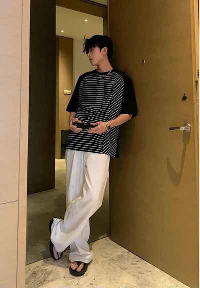 Hua Spliced Shoulder Striped T-Shirt-korean-fashion-T-Shirt-Hua's Closet-OH Garments
