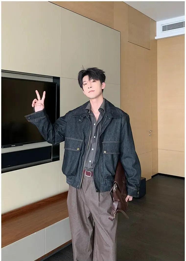 Hua Strapped Stand Up Collar Denim Jacket-korean-fashion-Jacket-Hua's Closet-OH Garments