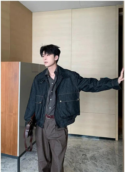 Hua Strapped Stand Up Collar Denim Jacket-korean-fashion-Jacket-Hua's Closet-OH Garments