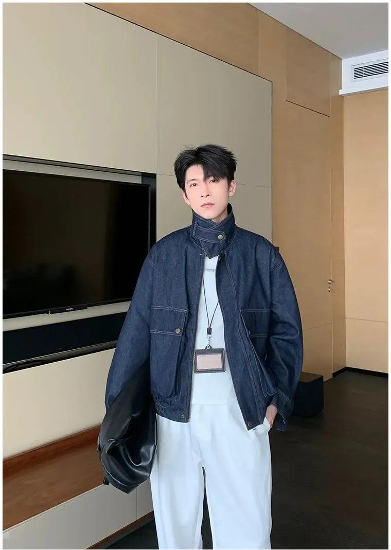Hua Strapped Stand Up Collar Denim Jacket-korean-fashion-Jacket-Hua's Closet-OH Garments